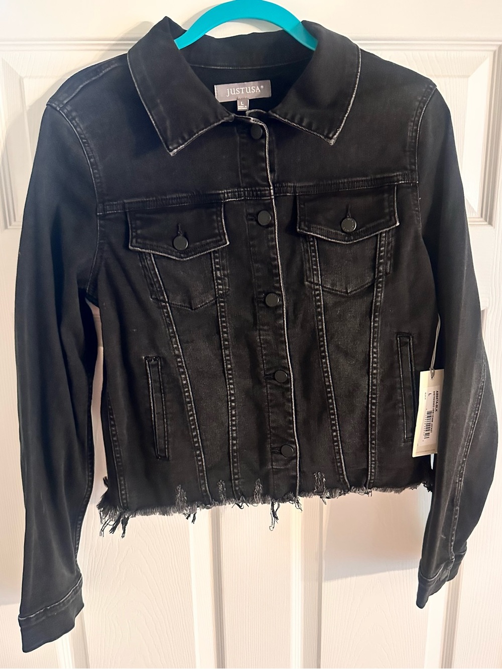 Just USA Distressed Hem Black Denim Jacket Size Large NWT